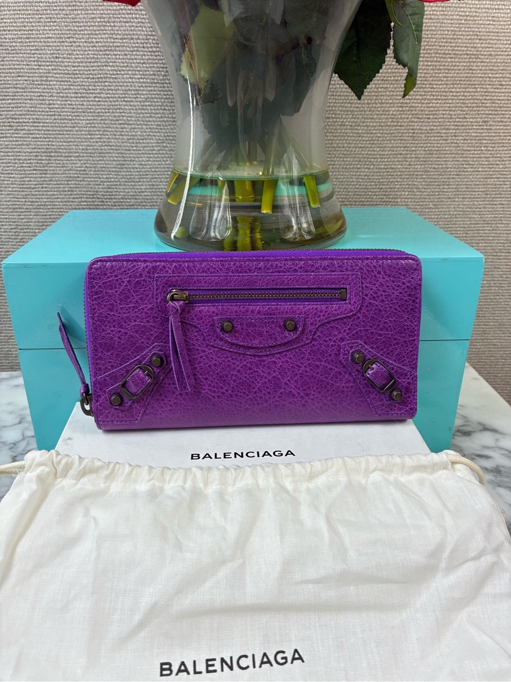 Balenciaga Purple Distressed Leather Continental Zip Around Wallet - Pristine